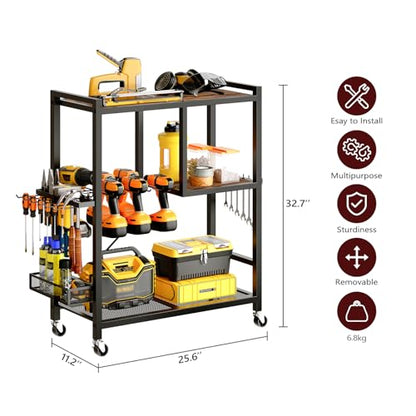 MAHANCRIS Power Tool Organizer, Power Tool Cart with Wheels, Garage Storage Organization, 6-8 Drill Rack Shelf Tool Holder, Rolling Tool Cart Mobile Open Tool Chest Cabinet Box for Workshop TCHR9901