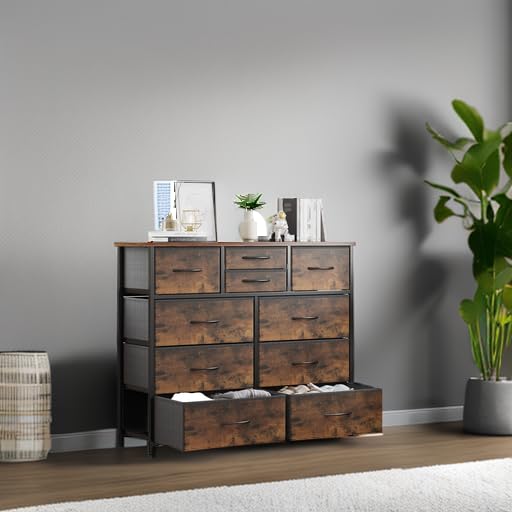 LUMTOK 10-Drawer Dresser, Fabric Storage Dressers for Bedroom, Hallway, Nursery, Closets, Steel Frame, Wood Top, Easy Pull Handle (Rustic Brown) LUMTOK