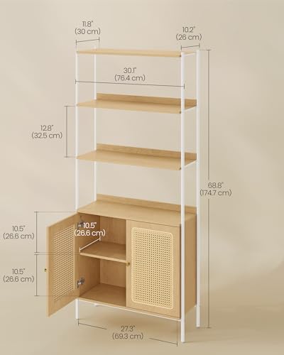 Boho-Style 6-Tier Bookcase with Rattan-Like Door, Freestanding Oak Beige and Pearl White Storage Shelf by VASAGLE - WoodArtSupply