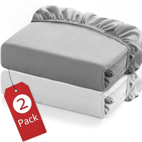 Twin Fitted Sheets 2 Pack Only, Mattress Up to 14 Inches Deep Pocket, Ultra Soft and Breathable Twin Bed Sheets, Long Lasting Single Fitted Sheets, Grey and White Moonsea