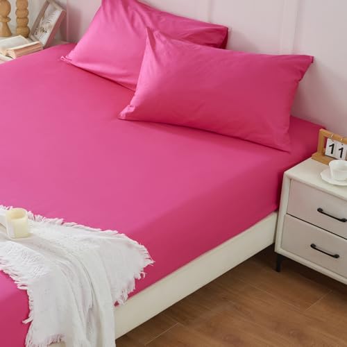 Homiest 3PCS Pure Cotton Fitted Sheet & Pillowcase Set, Queen Size, 400 Thread Count, Soft & Breathable, 15 Inch Deep Pocket, Luxury 5-Star Hotel Quality Cotton Sheets, Hot Pink Homiest