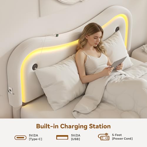 MapleGrace Full Size Floating Bed Frame with LED Lights, Velvet Upholstered Bed Frame with Headboard, Rounded Corners, Charging Station, No Box Spring Needed, Easy Assembly, White MapleGrace