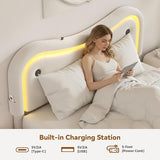MapleGrace Full Size Floating Bed Frame with LED Lights, Velvet Upholstered Bed Frame with Headboard, Rounded Corners, Charging Station, No Box Spring Needed, Easy Assembly, White MapleGrace