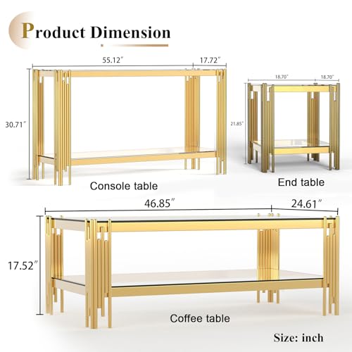 Goujxcy Gold Coffee Table Set of 4 Luxury 2-Tier Black Glass Coffee Table Console Table & 2 End Table w/Mirrored Stainless Steel Frame 4 Pieces Living Room Table Set for Home Office Goujxcy