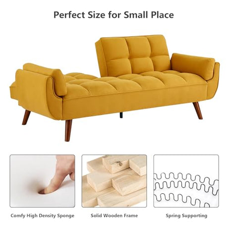 Betoko Convertible Futon Sofa Bed Sleeper Twin Size, Modern Reclining Linen Split Back Sofa Couch with Pillow Top Arm for Compact Living Room,Apartment (Yellow) Betoko