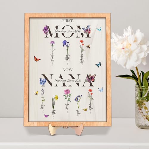 First Mom Now Nana Customized Birth Month Flower Wooden Plaque, Personalized Mothers Day Gifts, Mother's Day Gift, Gift for Mom, Grandma's Gift, Grandma's Garden Sign - WoodArtSupply