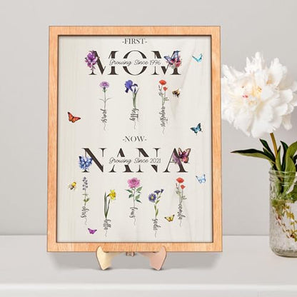 First Mom Now Nana Customized Birth Month Flower Wooden Plaque, Personalized Mothers Day Gifts, Mother's Day Gift, Gift for Mom, Grandma's Gift, Grandma's Garden Sign - WoodArtSupply