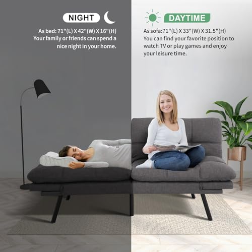 MUUEGM 71" Futon Sofa Bed, Convertible Couch Filled with Memory Foam, Modern Loveseat with Adjustable Backrest&Armrest, Sofas for Living Room,Game Room,Dormitory,Office.Grey Fabric MUUEGM