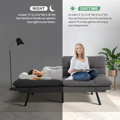 MUUEGM 71" Futon Sofa Bed, Convertible Couch Filled with Memory Foam, Modern Loveseat with Adjustable Backrest&Armrest, Sofas for Living Room,Game Room,Dormitory,Office.Grey Fabric MUUEGM