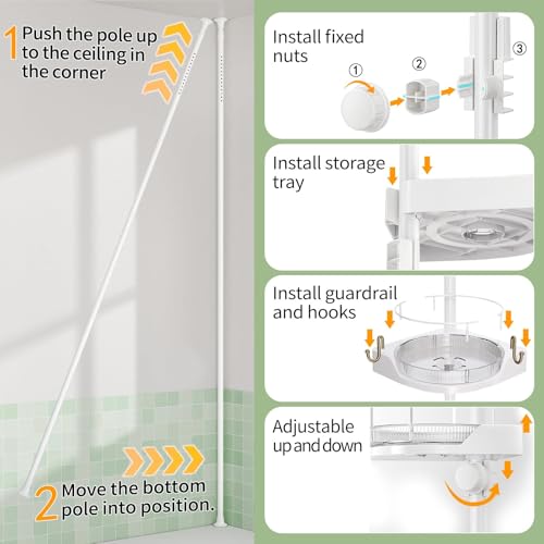 shuang qing 360° Rotating Corner Shower Caddy Tension Pole Organizer - 4-Tier Adjustable Rustproof Metal Pole, Plastic Shelves with Safety Guardrail, Bathroom Storage for Shower & Bathtub(White) shuang qing