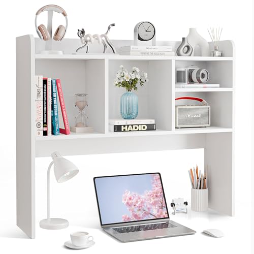 SUPER DEAL Desktop Bookshelf, Countertop Storage Hutch with 4 Shelves for Computer Desk, 2-Tier Display Rack, Multipurpose Wood Desk Hutch Storage Organizer for Home Office Dorm, White SUPER DEAL