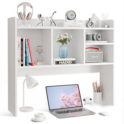 SUPER DEAL Desktop Bookshelf, Countertop Storage Hutch with 4 Shelves for Computer Desk, 2-Tier Display Rack, Multipurpose Wood Desk Hutch Storage Organizer for Home Office Dorm, White