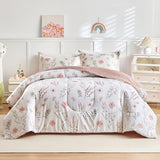 Joyreap 3pcs Floral Cotton Comforter Set for Girls, Pink Flowers n Leaves Botanical Design, Twin Size Soft n Cozy Bedding Comforter Set for All Season- 68x88 inches Joyreap