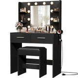 Furmax Make up Vanity Desk with Mirror and Power Outlet, Vanity with 3 Color Light Options Adjustable Brightness,Vanity Desk with 2 Drawers, 6 Storage Shelves (Black, with Bench) Furmax