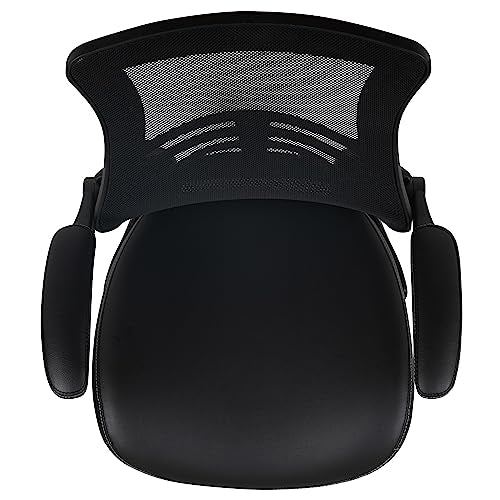 Flash Furniture Kelista Mid-Back Swivel Office Chair with Adjustable LeatherSoft Seat Height, Ergonomic Mesh Chair with Flip-Up Arms, Black Flash Furniture