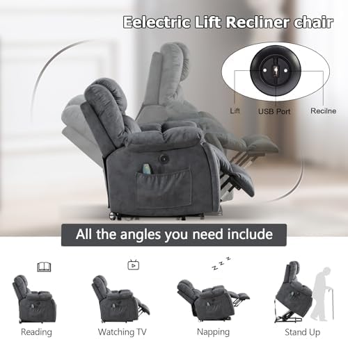 IOMOR Large Power Lift Recliner with Massage and Heat for Elderly, Electric Reclining Chair with USB Port, 2 Hidden Cup Holders, Side Pockets (1, Green Grey) IOMOR