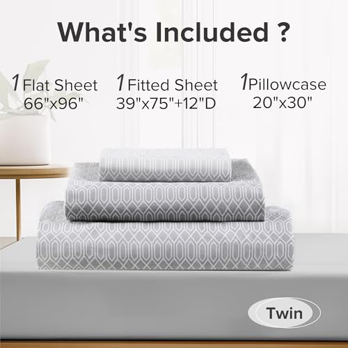 Comfort Spaces 100% Cotton Sheet Set Breathable, Lightweight, Soft with 12" Elastic Pocket Fits up to 14" Mattress, All Season Cozy Bedding, Matching Pillow Case, Twin Diamond Taupe 3 Piece Comfort Spaces