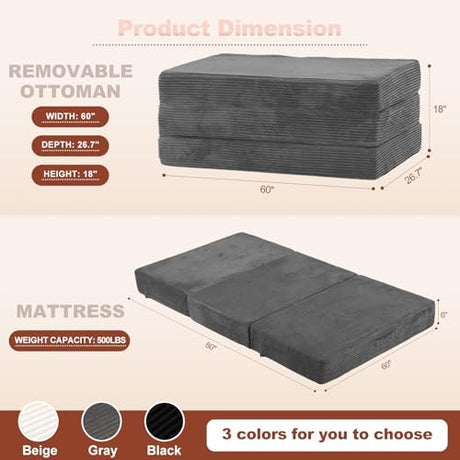 6-Inch Tri-Fold Foldable Mattress, Folding Sofa Bed with Removable Washable Cover, Portable Futon Mattress Full Size Floor Guest Mat with Non-Slip Bottom & Carry Handles for Camping (Grey, Queen) AOLVDOW