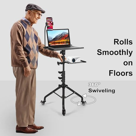 Tossbiss Laptop Tripod on Wheels with 2 Shelves, Portable Projector Floor Stand Adjustable Height 25.9 to 51.8 Inch with Phone Holder Tossbiss