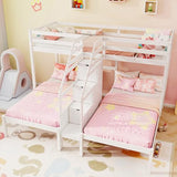 KOTEK Triple Bunk Bed with Stairs, Twin Over Twin & Twin Bunk Bed Frame with Guardrail & Storage, Wooden Bunkbeds for 3 Kids Teens, No Box Spring Needed (White) KOTEK