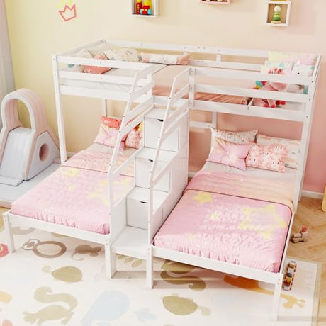KOTEK Triple Bunk Bed with Stairs, Twin Over Twin & Twin Bunk Bed Frame with Guardrail & Storage, Wooden Bunkbeds for 3 Kids Teens, No Box Spring Needed (White) KOTEK
