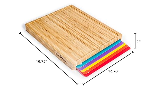 Bamboo Cutting Board Set - Easy-to-Clean Wood Cutting Board Set with 6 Color-Coded Flexible Plastic Cutting Boards with Food Icons - Wooden Cutting Boards For Kitchen - Wooden Chopping Board Set