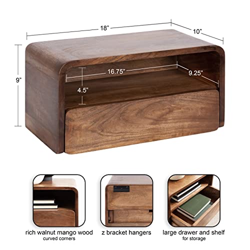 Kate and Laurel Kato Modern Wood Floating Side Table with Drawer, 18 x 10 x 9, Walnut Brown, Contemporary Wooden Floating Nightstand for Bedroom Bedside Table Kate and Laurel