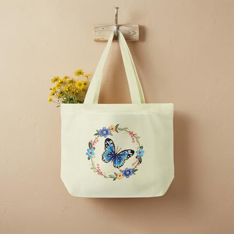 ERKOON Canvas Tote Bag Embroidery Kit for Beginners, Floral Arts Crafts Cross Stitch Kits for Adults Including Stamped Embroidery Bag with Hoops, Needle, Instruction and Color Threads (Butterfly) ERKOON
