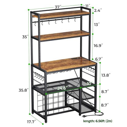 yacchi home Wine Bar Cabinet with Outlet and LED Light, Liquor Cabinet with Glasses Holder Movable Storage Shelf, 4-Tier Wine Rack Durable Coffee Bar Cabinet for Kitchen Dining Room, Grey - WoodArtSupply