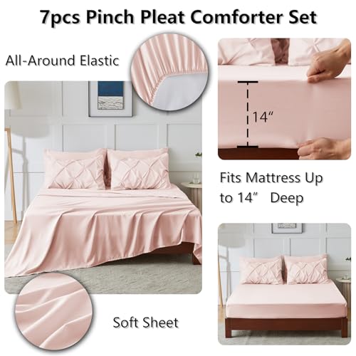 CozyLux Queen Comforter Set Blush Pink, 7 Pieces Pintuck Bed in A Bag, Premium Pink Comforter Queen Size, Pinch Pleat Bedding Sets with Comforter, Sheets, Pillowcases & Shams CozyLux