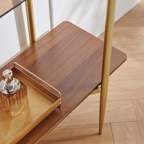 Pine Flicker Rectangle Glass Console Table, Mid-Century Modern Design, L41*W14*H32 inch, for Living Room, Amber Glass Top and Walnut Finish Wood Shelf, Conical Metal Legs with Gold Finish Pine Flicker