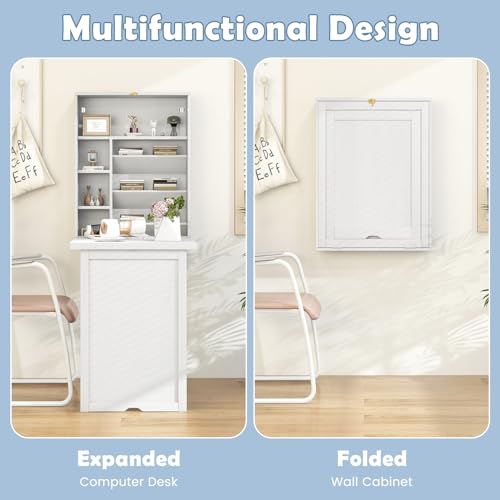 Tangkula Foldable Wall Mounted Desk, Floating Table with Storage Shelves & Hooks, Space-Saving Fold-Up Murphy Desk for Small Spaces, Home Office, Dorm Room Tangkula