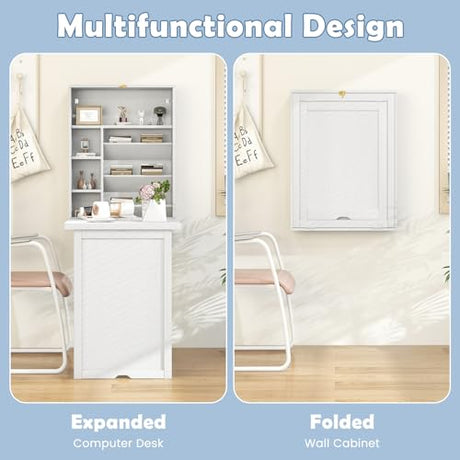 Tangkula Foldable Wall Mounted Desk, Floating Table with Storage Shelves & Hooks, Space-Saving Fold-Up Murphy Desk for Small Spaces, Home Office, Dorm Room Tangkula