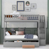 Harper & Bright Designs Bunk Beds Twin Over Twin Size, Solid Wood Bunk Beds with Trundle and Stairs for Kids,Toddler,Teens,Adults (Grey, Bunk Bed with Trundle) Harper & Bright Designs