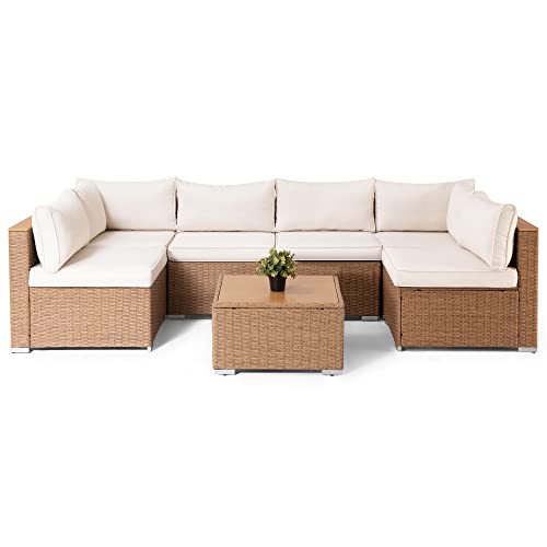 LAUSAINT HOME Outdoor Patio Furniture, 7 Piece Patio Furniture Set PE Rattan Sectional Conversation Sets with Thick Cushions & Wood-Like Coffee Table for Garden, Porch(Beige/Brown Wicker) - WoodArtSupply