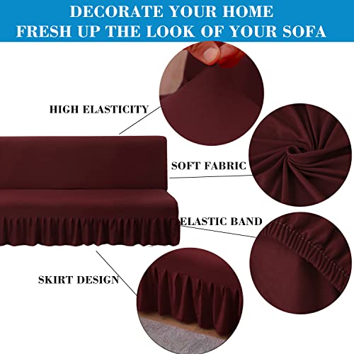 ANWUCHEN Futon Cover-Stretch Armless Futon Covers Full Size with Skirt Ruffled Futon Sofa Cover Washable Folding Sofa Bed Cover Soft Futon Couch Cover Slipcover with Elastic Bottom for Kids,Pets(Red) ANWUCHEN
