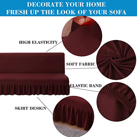 ANWUCHEN Futon Cover-Stretch Armless Futon Covers Full Size with Skirt Ruffled Futon Sofa Cover Washable Folding Sofa Bed Cover Soft Futon Couch Cover Slipcover with Elastic Bottom for Kids,Pets(Red) ANWUCHEN