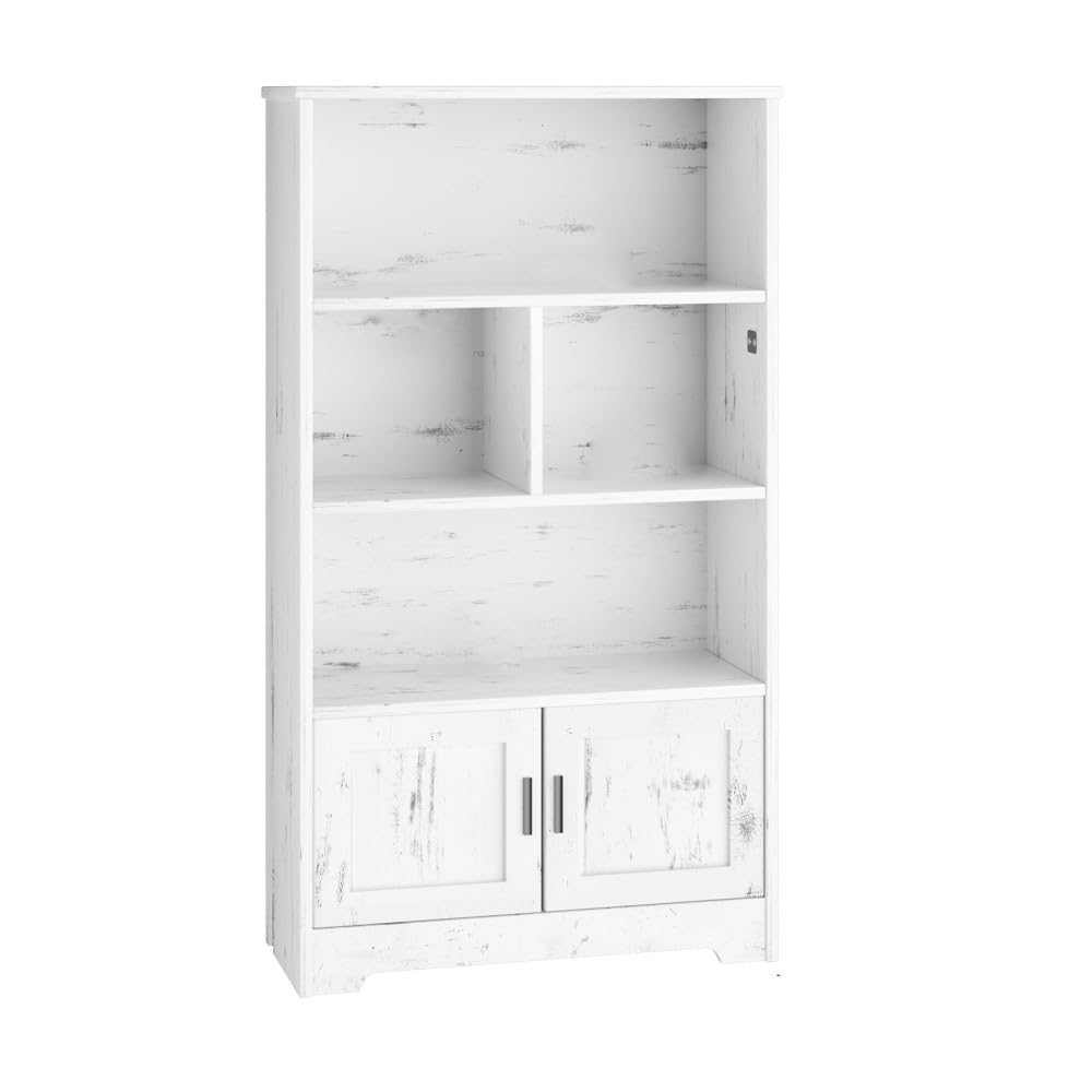 Fulvari Modern White Bookcase with Doors and Adjustable LED Lights - 57.8'' Floor Standing Storage Rack - WoodArtSupply