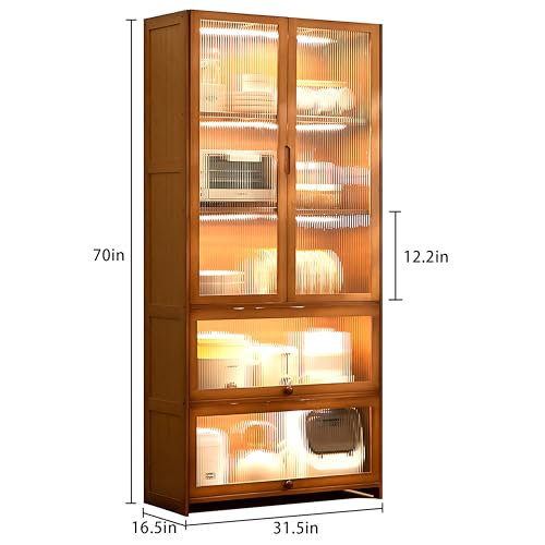 70" Bamboo Farmhouse Kitchen Pantry Cabinet with Acrylic Doors and Versatile Storage Solutions ouioyggk