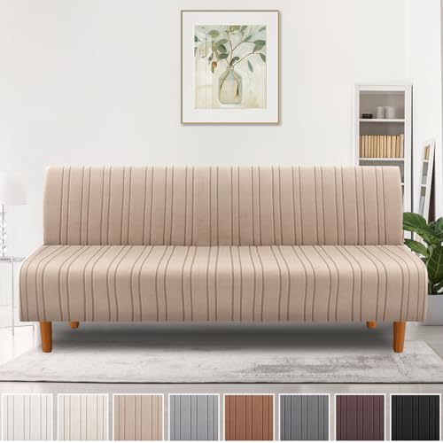 H.VERSAILTEX Stretch Futon Slipcover Armless Sofa Cover Furniture Protector Without Armrests Slipcover Soft with Elastic Bottom for Kids, Spandex Jacquard Modern Stripe Design, Sand H.VERSAILTEX