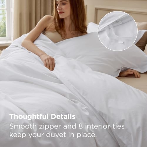 Bedsure 100% Washed Cotton Duvet Cover King - Bright White Minimalist Duvet Cover Linen Like for All Seasons - GentleSoft™ Plain Simple Cotton Bedding, 3 Pieces (Bright White, King, 104"x90") Bedsure