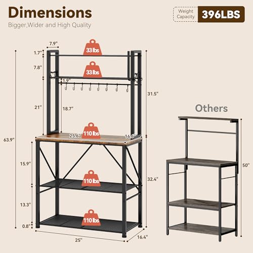 YASONIC Coffee Bar, Bakers Rack with Storage, 25.6 Inches Microwave Stand, 5 Tier Kitchen Shelves Appliance Storage, 12 S Hooks Large Coffee Station for Spices, Pots and Pans, Rustic Brown