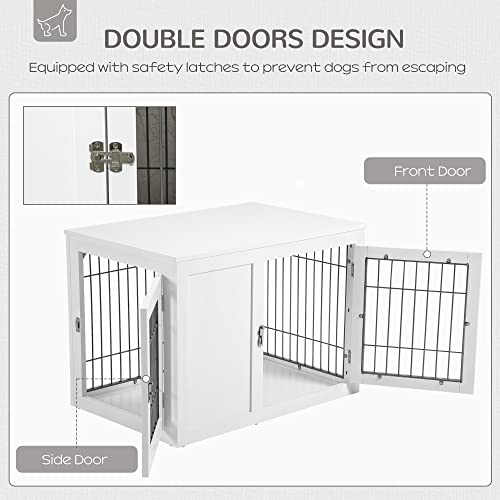 PawHut Dog Crate Furniture Wire Indoor Pet Kennel Cage, End Table with Double Doors, Locks for Small and Medium Dog House, White - WoodArtSupply