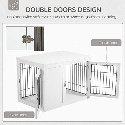 PawHut Dog Crate Furniture Wire Indoor Pet Kennel Cage, End Table with Double Doors, Locks for Small and Medium Dog House, White - WoodArtSupply