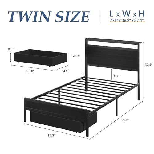 Fluest Twin Bed Frame,Twin Bed Frame with Storage Headboard & Storage Drawer, Charging Station & LED Light, No Box Spring Needed, Noise Free, Easy Assembly, Classic Black Fluest