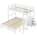 KTATK Twin Over Full Bunk Bed with Built-in Desk and Three Drawers,Pine Wood Convertible Twin Over Full L-Shaped Loft Bunk Bed Frame for Kids Teens Adults,White KTATK