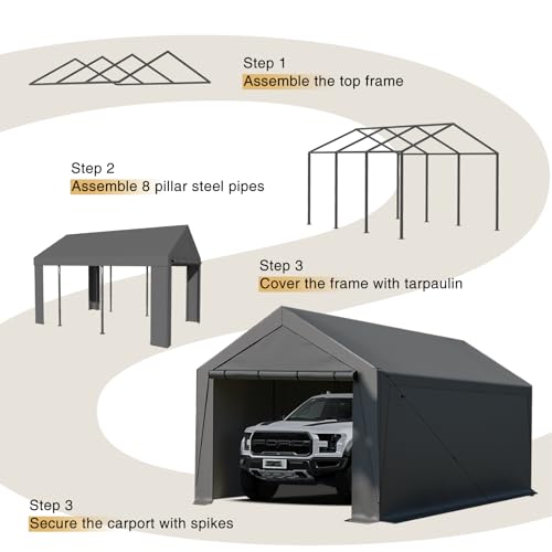 Carport Canopy 10x20 Heavy Duty, Portable Carport Garage with Removable Sidewalls and Door, Car Port with Waterproof Canopy for All Season (Gray) RUIJOROO