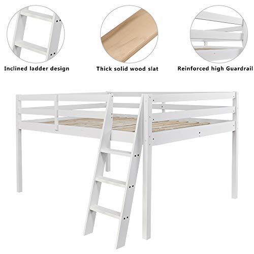 VINGLI Junior Low Loft Bed with Stairs, White Wood Loft Bed Full Size for Adults, Kids and Young Teens, No Box Spring Required,Wood Slat Support VINGLI