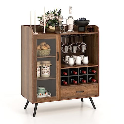 LOKO Wine Bar Cabinet, Farmhouse Coffee Bar Cabinet with Tempered Glass Door, 3-Row Glass Holder & 8-Grid Wine Rack, Buffet Sideboard with Wine Display, Rustic Brown - WoodArtSupply