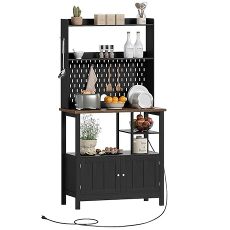 ChooChoo Pantry Cabinet with Charging Station, Kitchen Storage Cabinet with Microwave Stand, Farmhouse Kitchen Hutch with Storage for Living Room， Dining Room, Black & Espresso ChooChoo